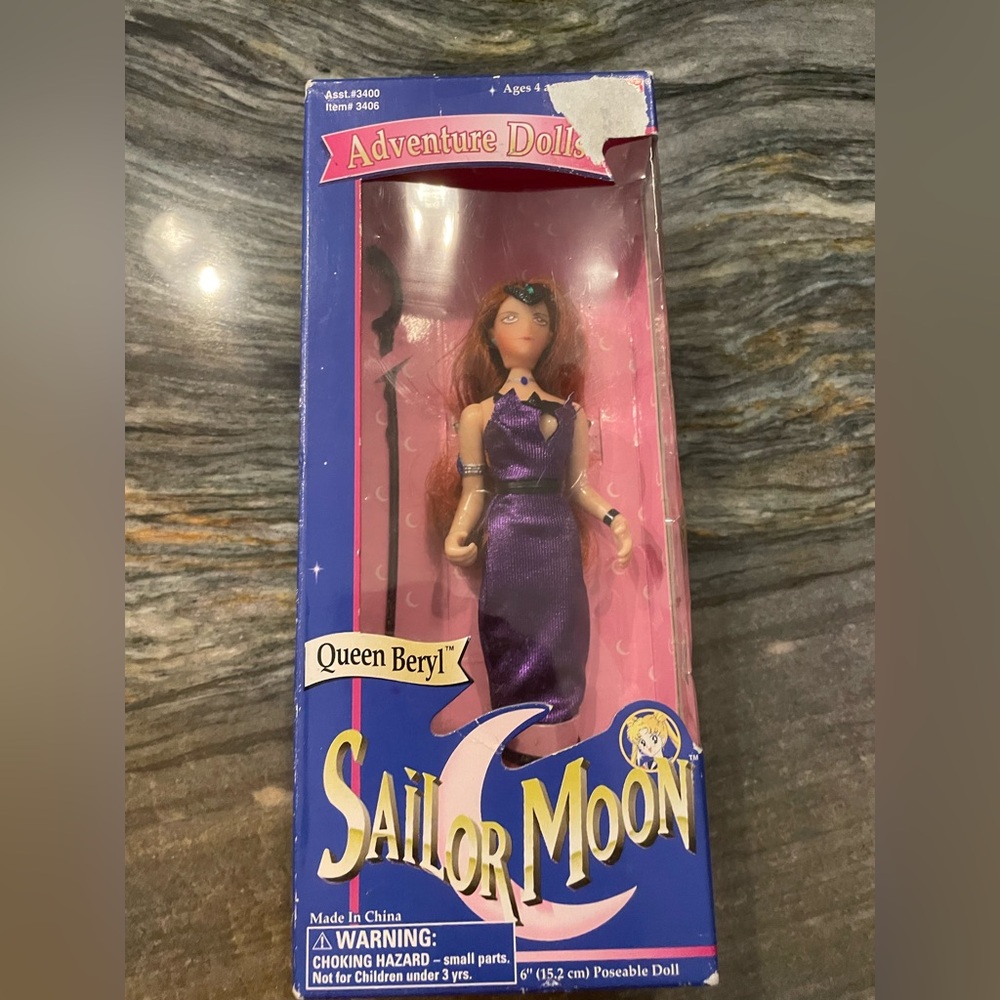 Sailor Moon show Queen Beryl doll, 6”, new in box. Front top of box has rip